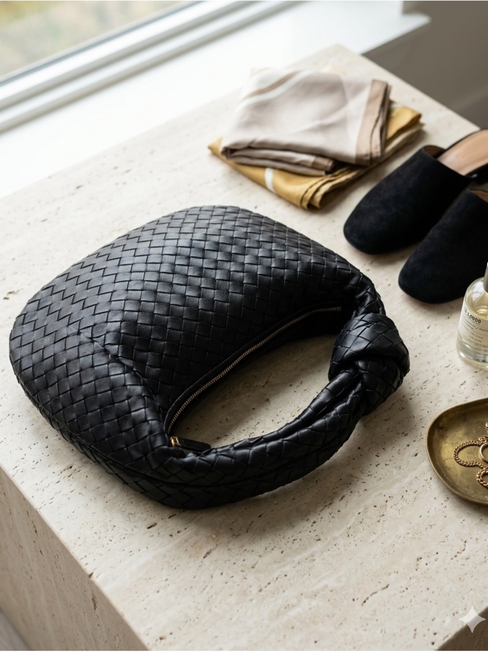 Woven Leather Hobo Bag - Black
